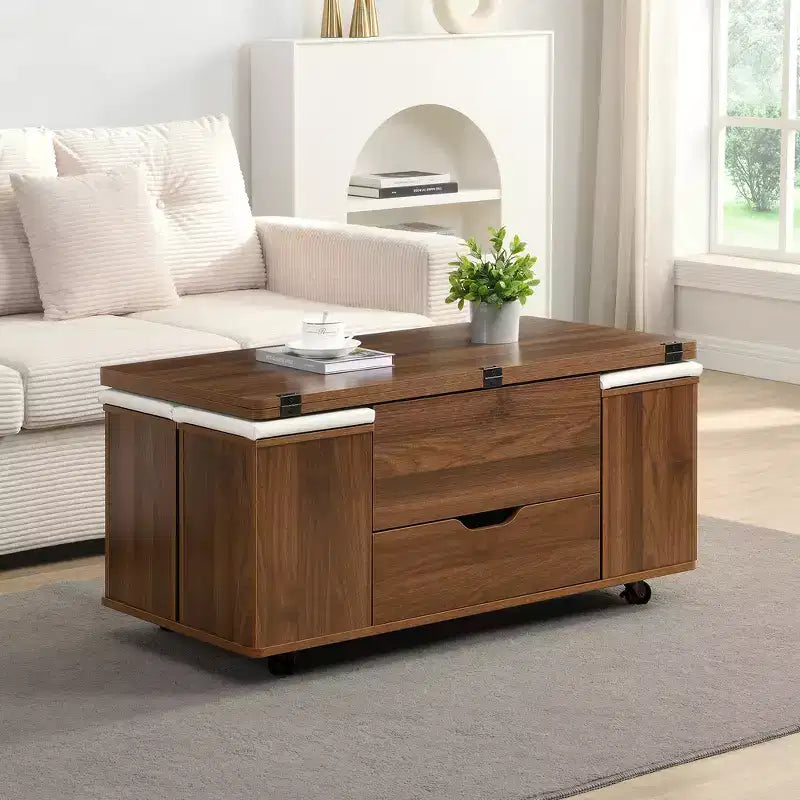 Zeus & Ruta Table Basse Relevable Multifonctionnelle Moderne avec Rangement Caché, 4 Tabourets et Roulettes, Parfaite pour les Espaces de Vie Modernes
