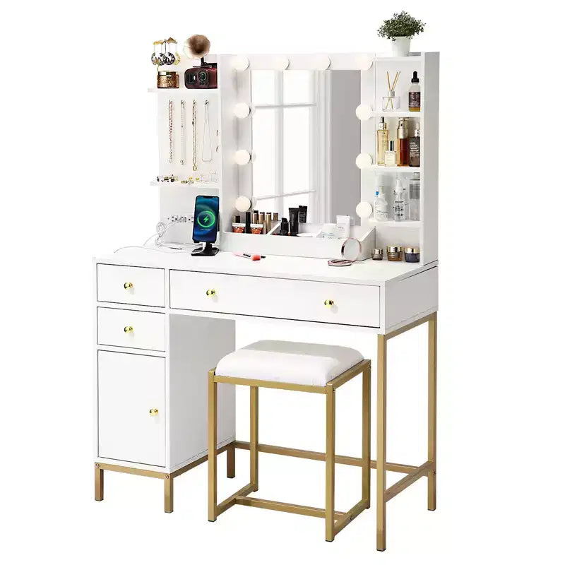 Coiffeuse avec miroir, miroir éclairé réglable, tiroirs de rangement, crochets à bijoux, 3 modes d'éclairage, pour chambre à coucher, dressing