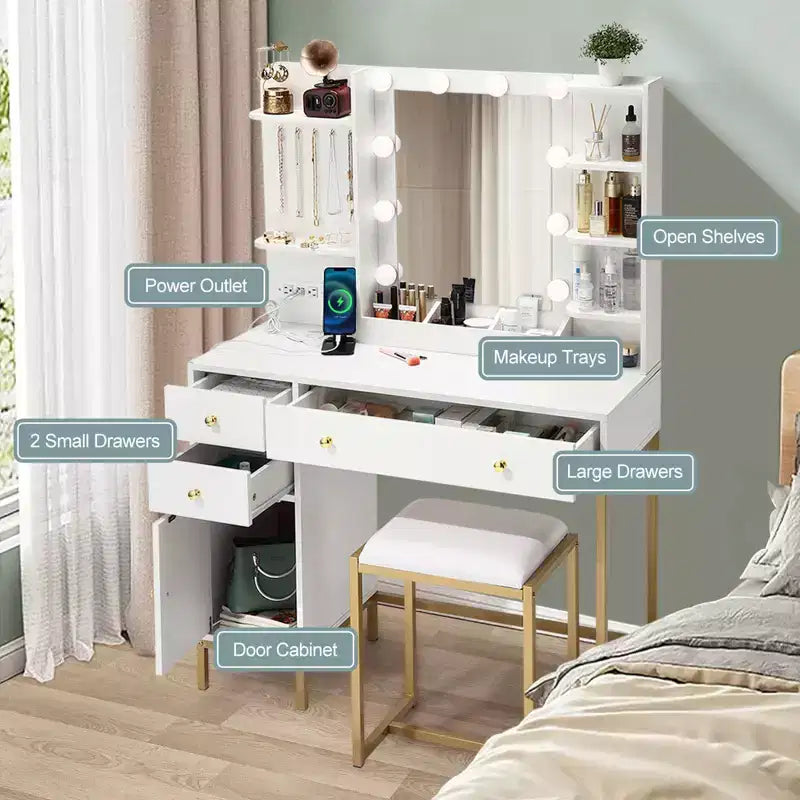 Coiffeuse avec miroir, miroir éclairé réglable, tiroirs de rangement, crochets à bijoux, 3 modes d'éclairage, pour chambre à coucher, dressing