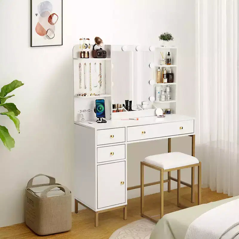 Coiffeuse avec miroir, miroir éclairé réglable, tiroirs de rangement, crochets à bijoux, 3 modes d'éclairage, pour chambre à coucher, dressing