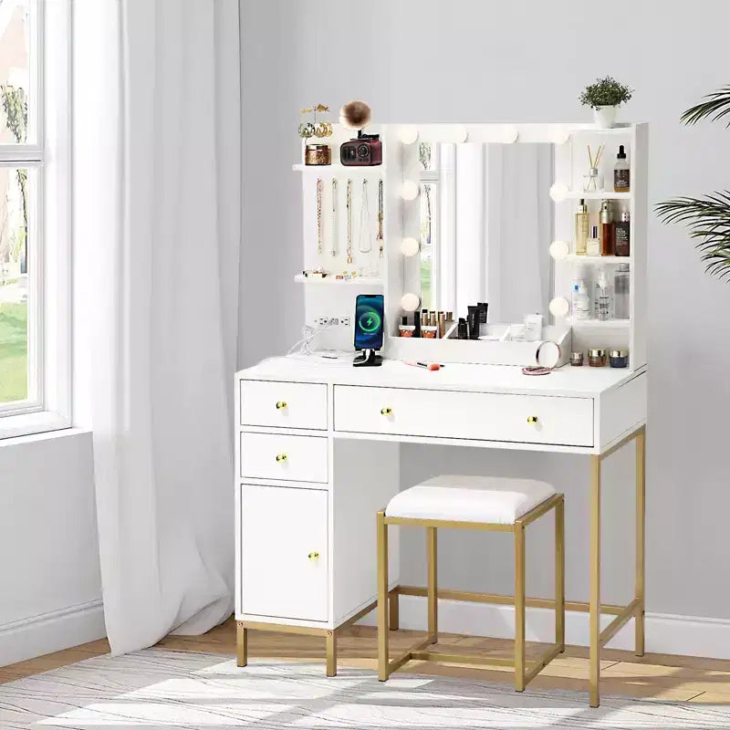 Coiffeuse avec miroir, miroir éclairé réglable, tiroirs de rangement, crochets à bijoux, 3 modes d'éclairage, pour chambre à coucher, dressing