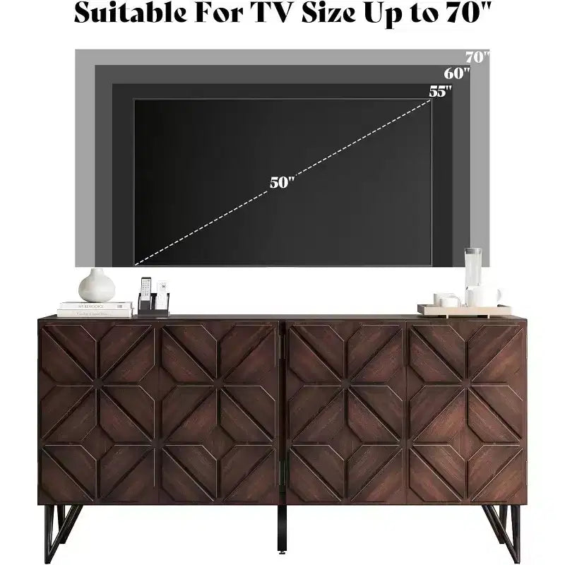 AMERLIFE Buffet en bois d'acacia 63 avec porte géométrique sculptée à la main, Console avec étagères réglables, Noyer foncé