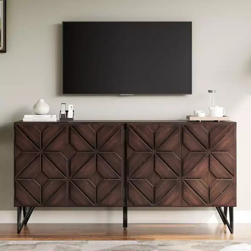 AMERLIFE Buffet en bois d'acacia 63 avec porte géométrique sculptée à la main, Console avec étagères réglables, Noyer foncé