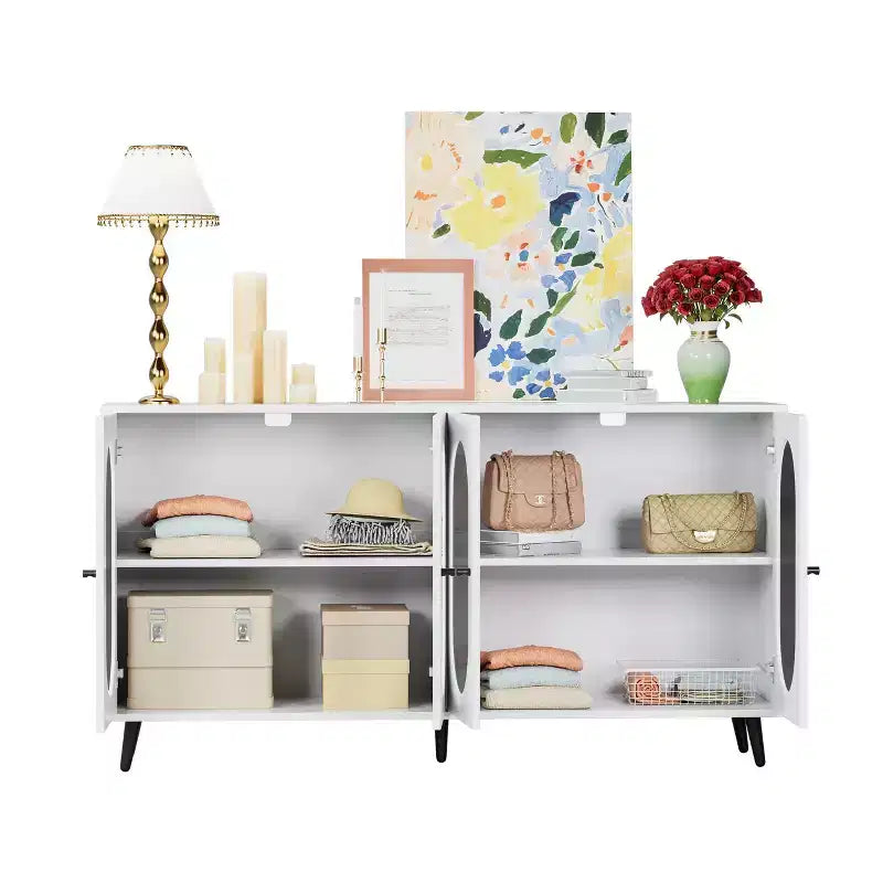 Meuble d'appoint moderne Okak, buffet avec quatre portes vitrées, meuble de rangement pour cuisine, salle à manger, entrée