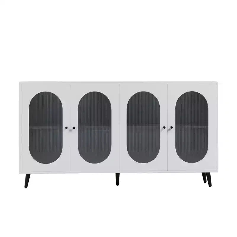 Meuble d'appoint moderne Okak, buffet avec quatre portes vitrées, meuble de rangement pour cuisine, salle à manger, entrée