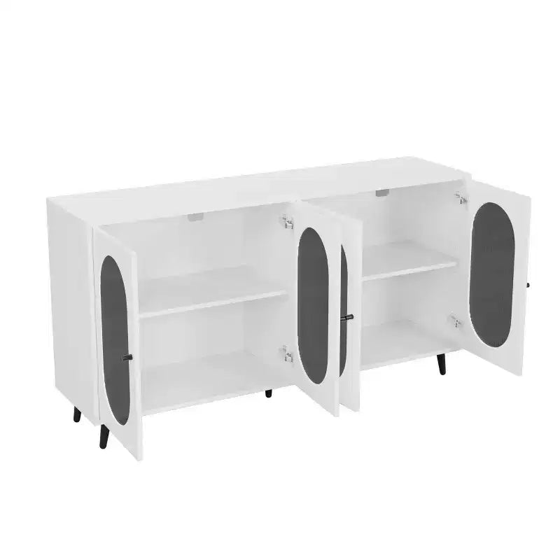 Meuble d'appoint moderne Okak, buffet avec quatre portes vitrées, meuble de rangement pour cuisine, salle à manger, entrée