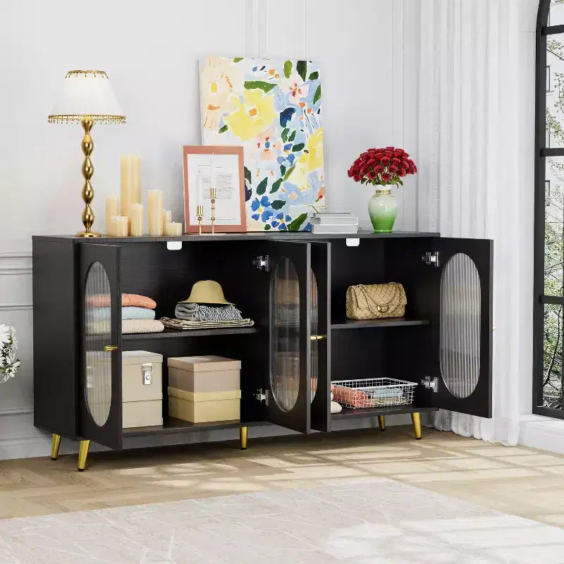 Meuble d'appoint moderne Okak, buffet avec quatre portes vitrées, meuble de rangement pour cuisine, salle à manger, entrée