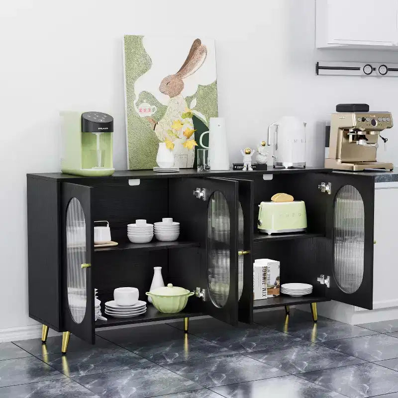 Meuble d'appoint moderne Okak, buffet avec quatre portes vitrées, meuble de rangement pour cuisine, salle à manger, entrée