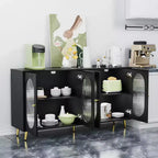 Meuble d'appoint moderne Okak, buffet avec quatre portes vitrées, meuble de rangement pour cuisine, salle à manger, entrée
