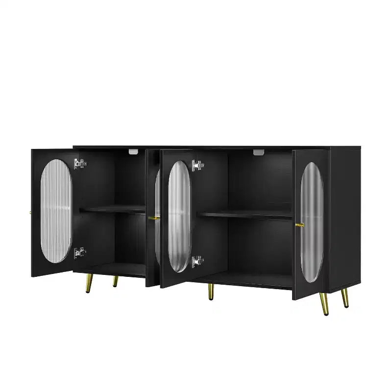 Meuble d'appoint moderne Okak, buffet avec quatre portes vitrées, meuble de rangement pour cuisine, salle à manger, entrée