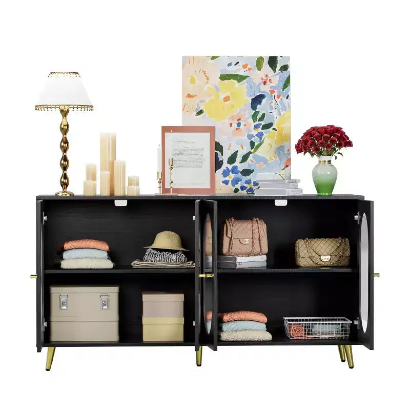 Meuble d'appoint moderne Okak, buffet avec quatre portes vitrées, meuble de rangement pour cuisine, salle à manger, entrée