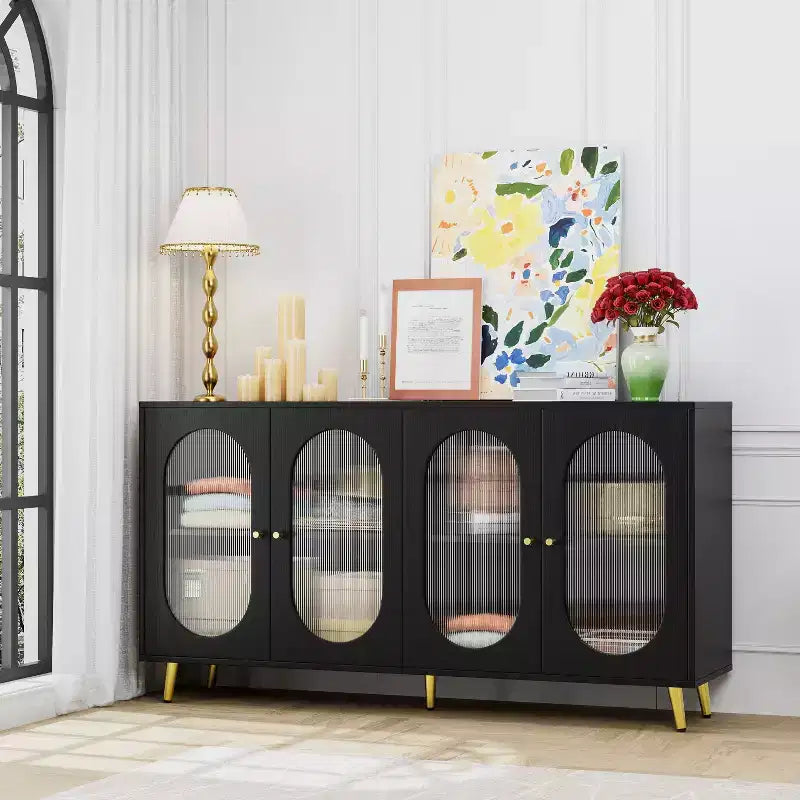 Meuble d'appoint moderne Okak, buffet avec quatre portes vitrées, meuble de rangement pour cuisine, salle à manger, entrée