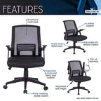 Chaise de bureau ergonomique Okak en maille, chaise rembourrée entrecroisée avec hauteur réglable et roulettes, chaise pivotante pour salle de lecture, bureau, noir