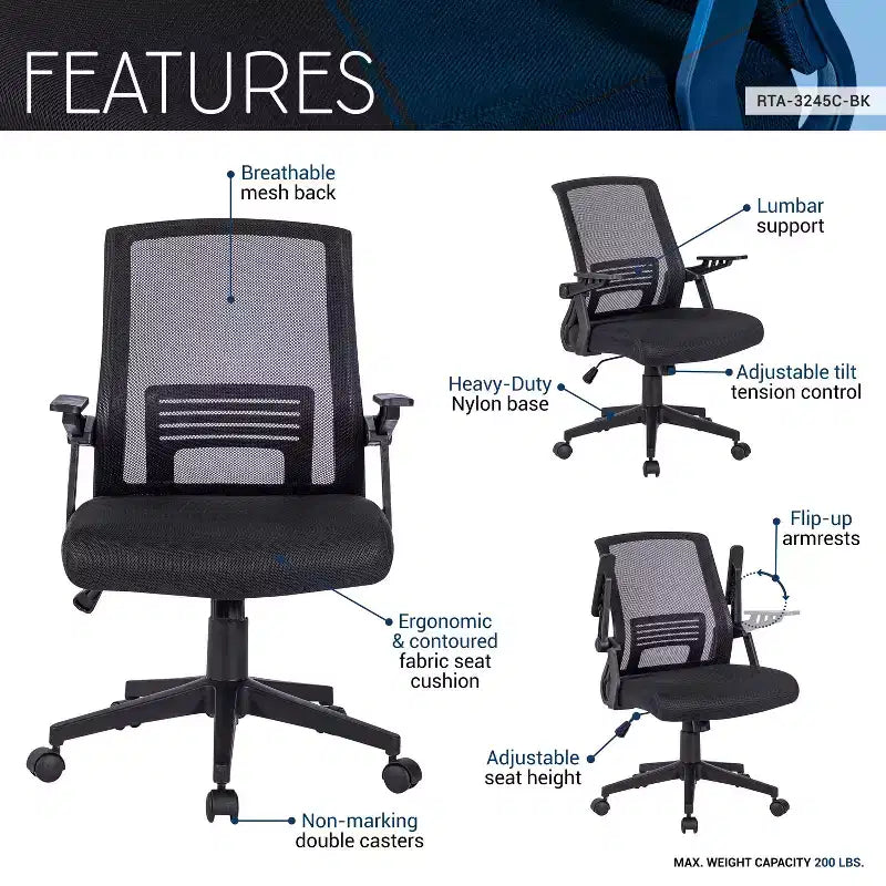Chaise de bureau ergonomique Okak en maille, chaise rembourrée entrecroisée avec hauteur réglable et roulettes, chaise pivotante pour salle de lecture, bureau, noir