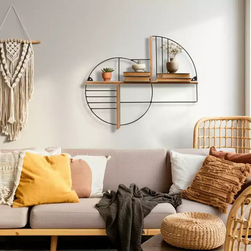 Étagère murale de rangement – ​​Métal et bois géométriques – Étagère flottante moderne pour la maison et le bureau – Cadre en fer robuste – Décoration élégante pour la chambre et le salon