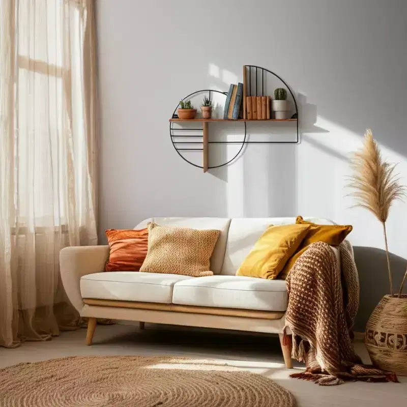 Étagère murale de rangement – ​​Métal et bois géométriques – Étagère flottante moderne pour la maison et le bureau – Cadre en fer robuste – Décoration élégante pour la chambre et le salon