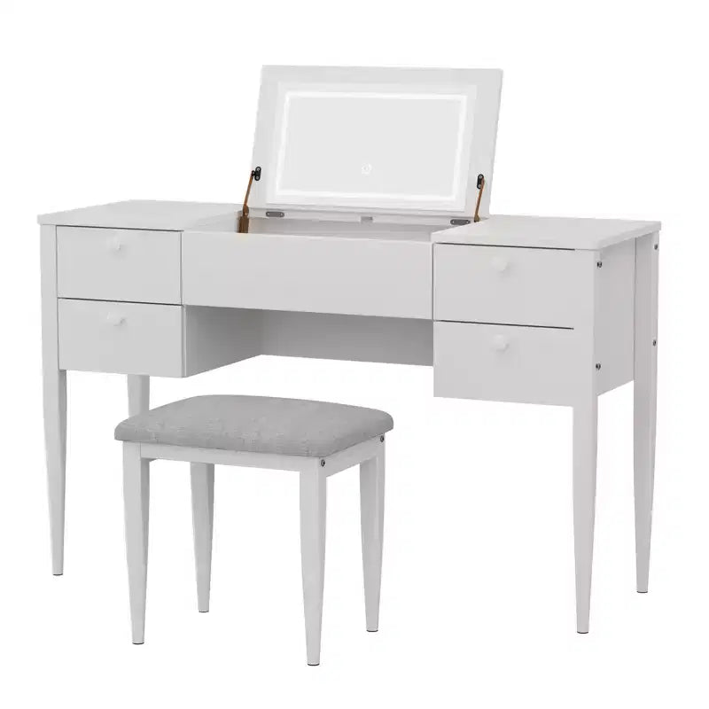Coiffeuse de chambre à coucher, coiffeuse moderne avec plateau relevable, 5 tiroirs, tabouret, 3 modes d'éclairage, pour chambre à coucher, salon