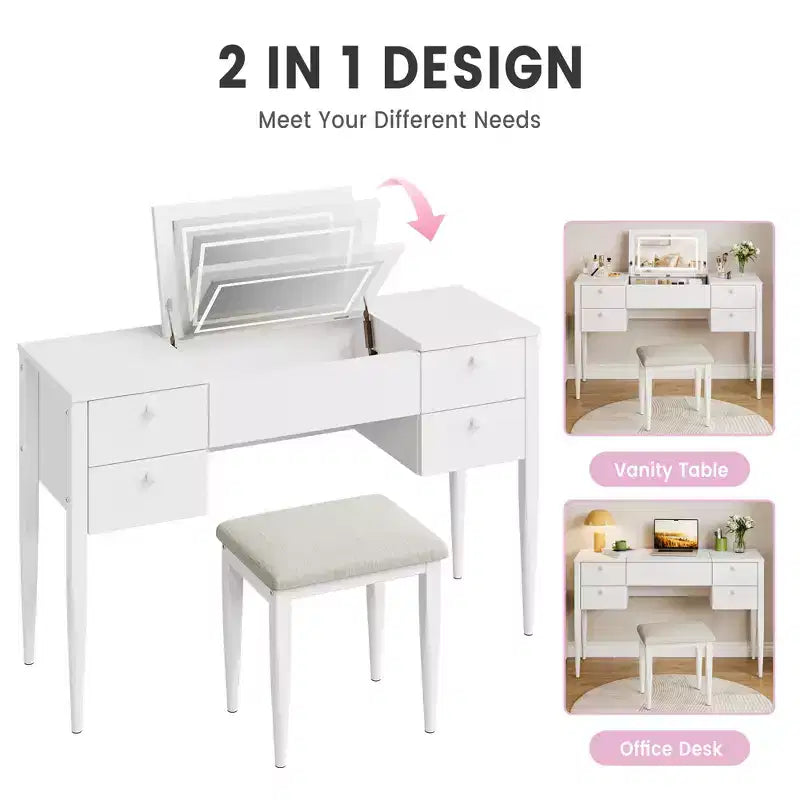 Coiffeuse de chambre à coucher, coiffeuse moderne avec plateau relevable, 5 tiroirs, tabouret, 3 modes d'éclairage, pour chambre à coucher, salon