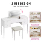 Coiffeuse de chambre à coucher, coiffeuse moderne avec plateau relevable, 5 tiroirs, tabouret, 3 modes d'éclairage, pour chambre à coucher, salon