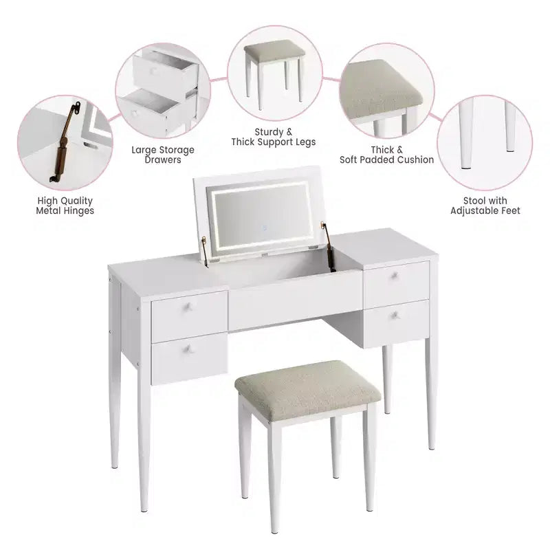 Coiffeuse de chambre à coucher, coiffeuse moderne avec plateau relevable, 5 tiroirs, tabouret, 3 modes d'éclairage, pour chambre à coucher, salon