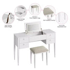 Coiffeuse de chambre à coucher, coiffeuse moderne avec plateau relevable, 5 tiroirs, tabouret, 3 modes d'éclairage, pour chambre à coucher, salon