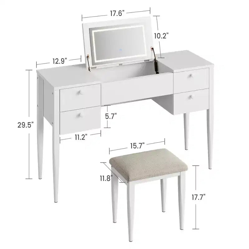 Coiffeuse de chambre à coucher, coiffeuse moderne avec plateau relevable, 5 tiroirs, tabouret, 3 modes d'éclairage, pour chambre à coucher, salon