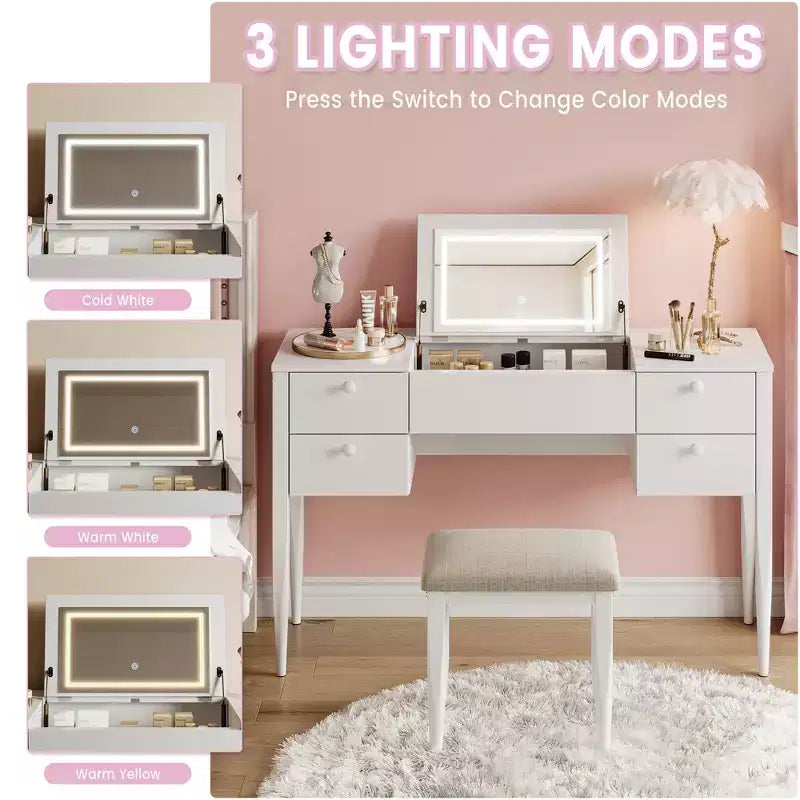 Coiffeuse de chambre à coucher, coiffeuse moderne avec plateau relevable, 5 tiroirs, tabouret, 3 modes d'éclairage, pour chambre à coucher, salon