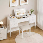 Coiffeuse de chambre à coucher, coiffeuse moderne avec plateau relevable, 5 tiroirs, tabouret, 3 modes d'éclairage, pour chambre à coucher, salon