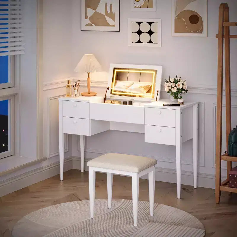 Coiffeuse de chambre à coucher, coiffeuse moderne avec plateau relevable, 5 tiroirs, tabouret, 3 modes d'éclairage, pour chambre à coucher, salon