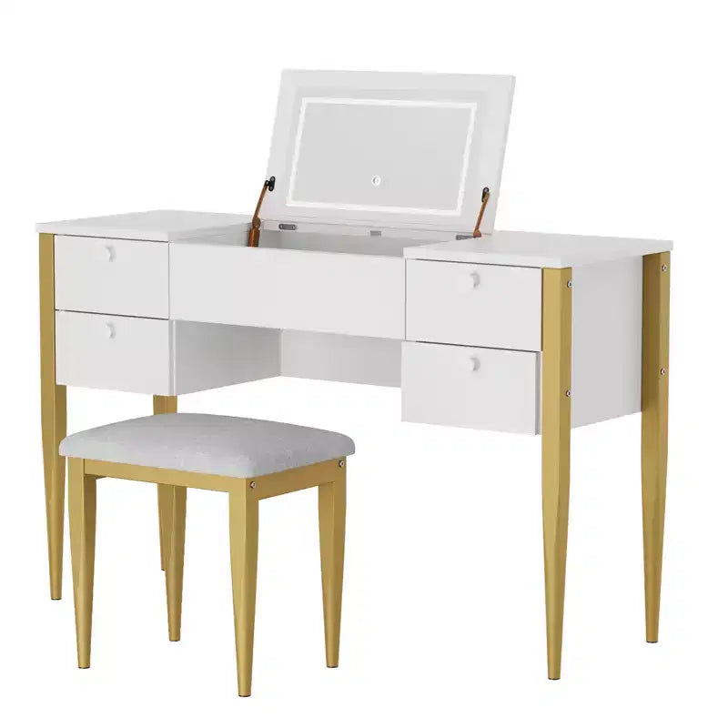 Coiffeuse de chambre à coucher, coiffeuse moderne avec plateau relevable, 5 tiroirs, tabouret, 3 modes d'éclairage, pour chambre à coucher, salon