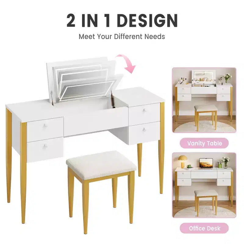 Coiffeuse de chambre à coucher, coiffeuse moderne avec plateau relevable, 5 tiroirs, tabouret, 3 modes d'éclairage, pour chambre à coucher, salon