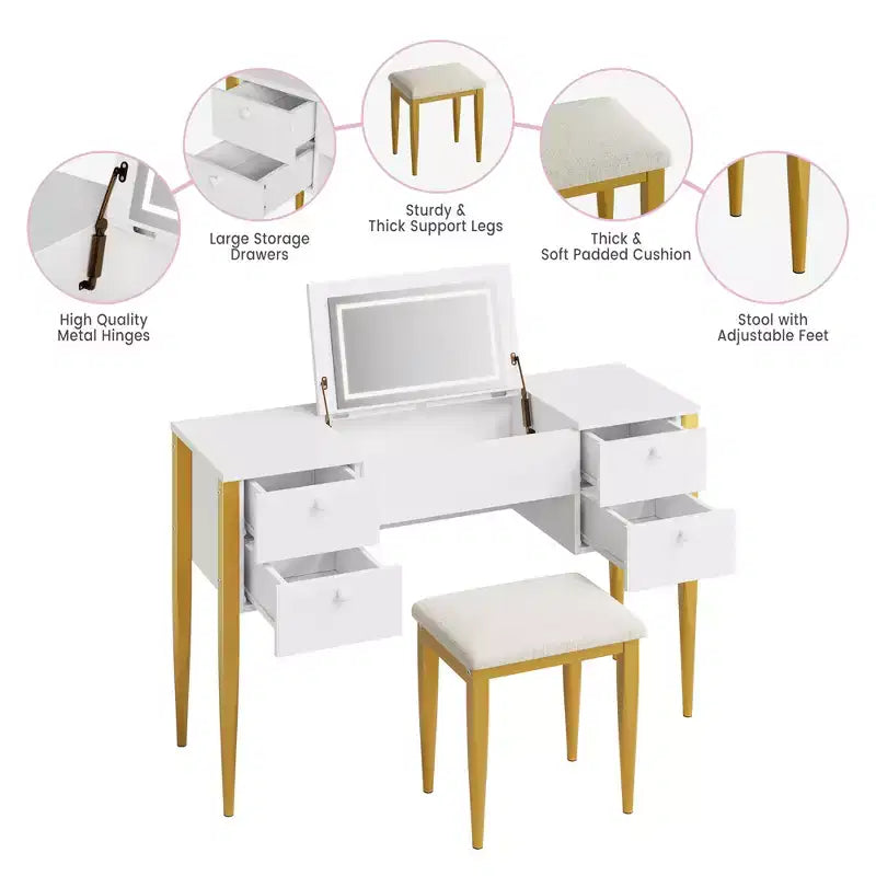 Coiffeuse de chambre à coucher, coiffeuse moderne avec plateau relevable, 5 tiroirs, tabouret, 3 modes d'éclairage, pour chambre à coucher, salon