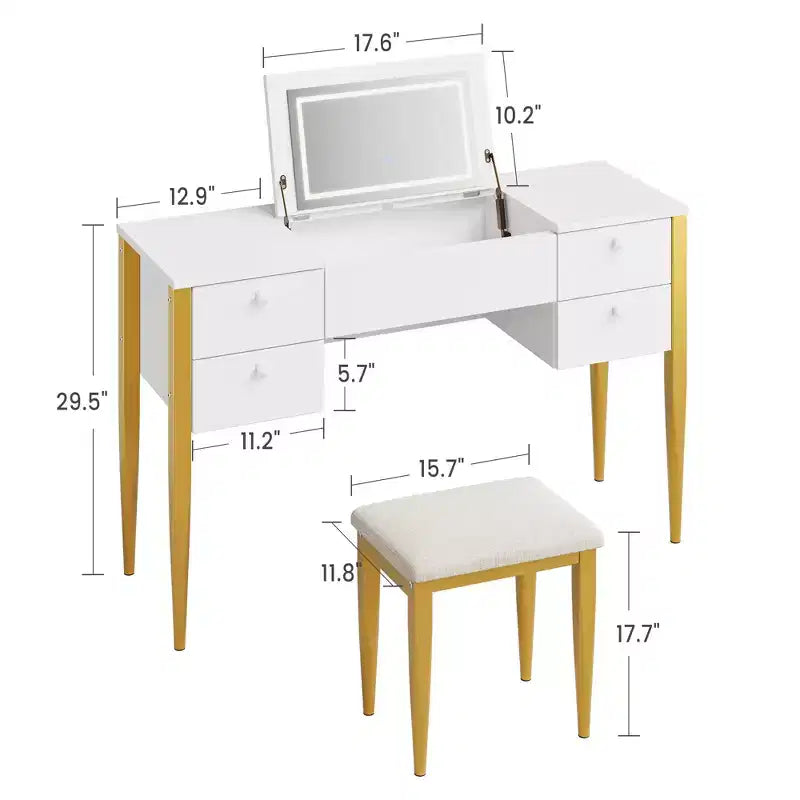 Coiffeuse de chambre à coucher, coiffeuse moderne avec plateau relevable, 5 tiroirs, tabouret, 3 modes d'éclairage, pour chambre à coucher, salon