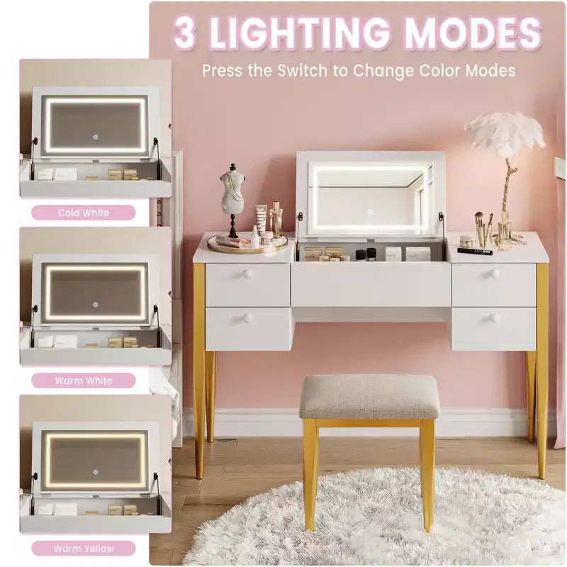 Coiffeuse de chambre à coucher, coiffeuse moderne avec plateau relevable, 5 tiroirs, tabouret, 3 modes d'éclairage, pour chambre à coucher, salon