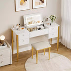 Coiffeuse de chambre à coucher, coiffeuse moderne avec plateau relevable, 5 tiroirs, tabouret, 3 modes d'éclairage, pour chambre à coucher, salon