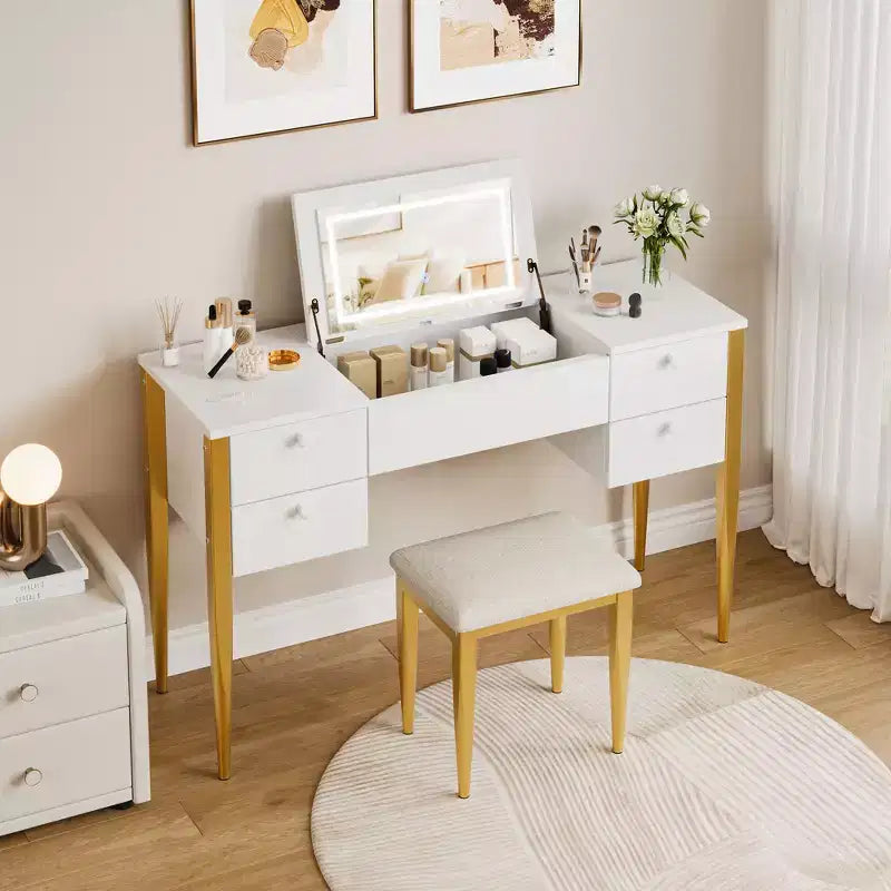 Coiffeuse de chambre à coucher, coiffeuse moderne avec plateau relevable, 5 tiroirs, tabouret, 3 modes d'éclairage, pour chambre à coucher, salon