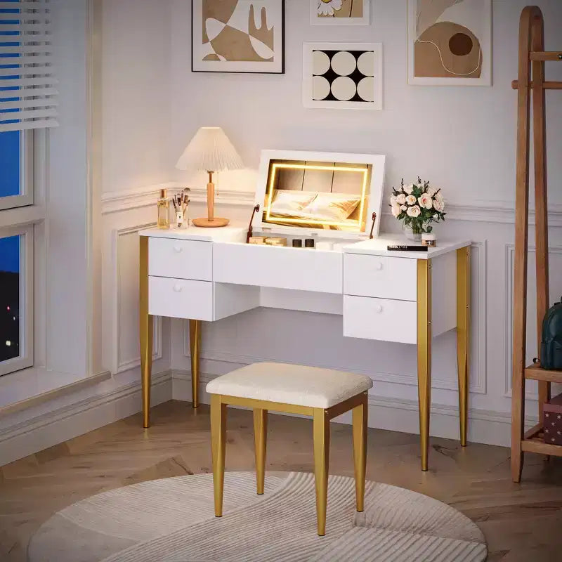 Coiffeuse de chambre à coucher, coiffeuse moderne avec plateau relevable, 5 tiroirs, tabouret, 3 modes d'éclairage, pour chambre à coucher, salon
