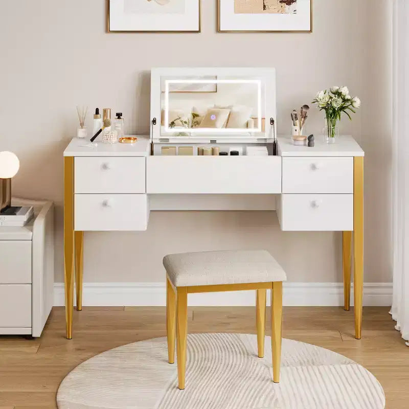 Bedroom Makeup Vanity Desk, Modern Flip Top Vanity Set, 5 Drawers, Stool Chair, 3 Lighting Modes, for Bedroom, Living room