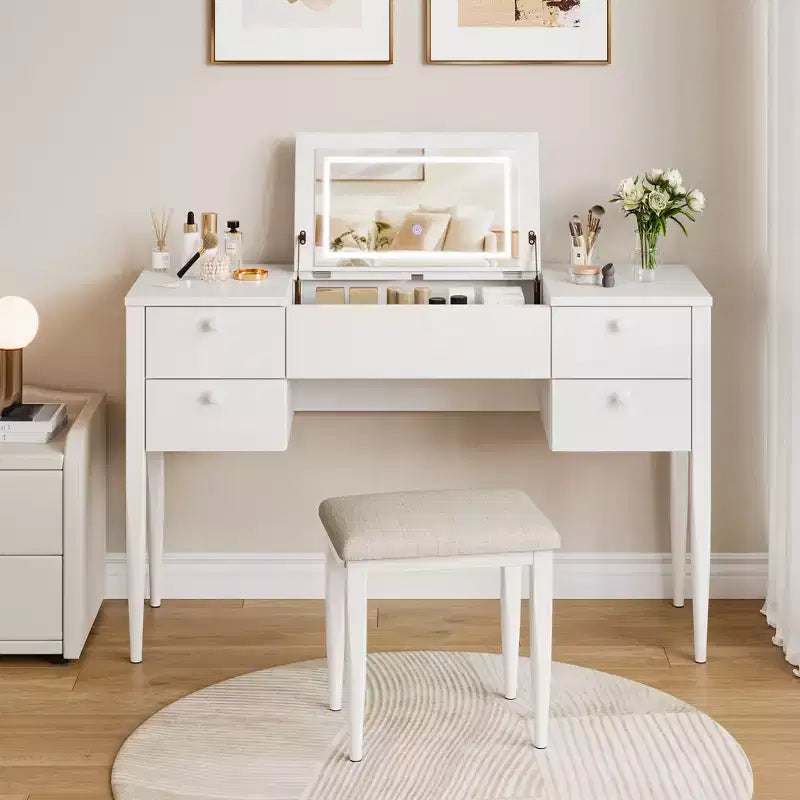 Coiffeuse de chambre à coucher, coiffeuse moderne avec plateau relevable, 5 tiroirs, tabouret, 3 modes d'éclairage, pour chambre à coucher, salon