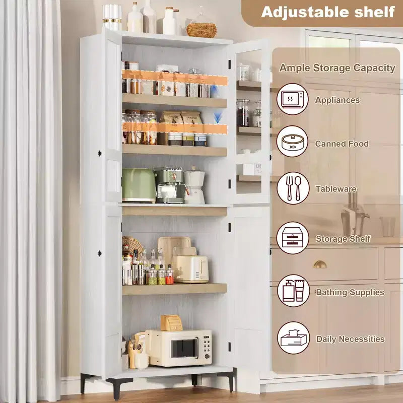 COZONY Armoire de Rangement Haute de 180 cm à 5 Niveaux, Organiseur de Garde-Manger à 4 Portes avec Étagères Réglables pour Cuisine, Salle de Bain, Salle à Manger