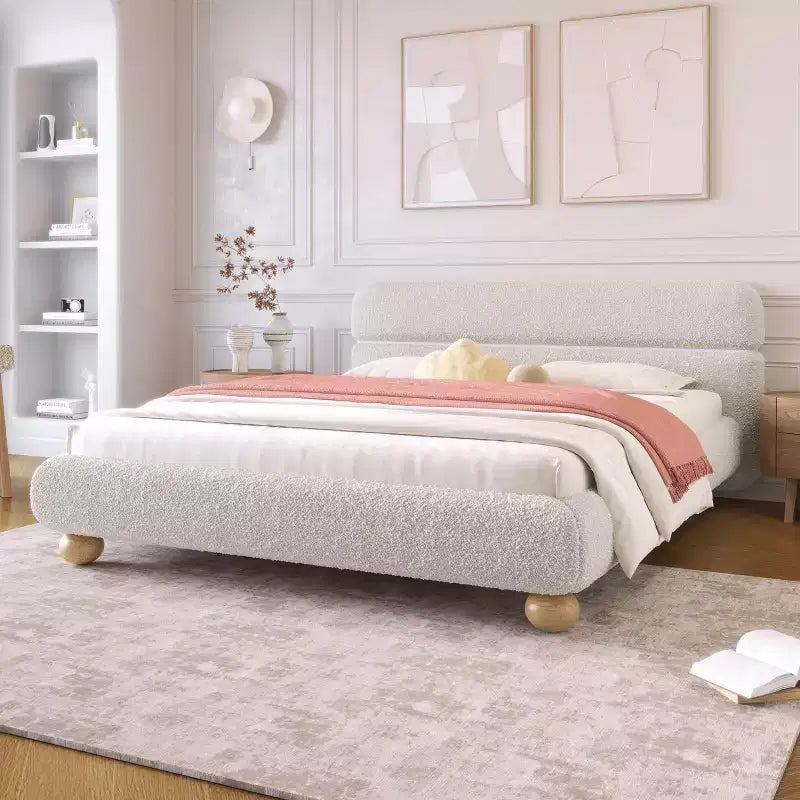 Lit Queen contemporain rembourré GDFStudio Philemon avec profil bas, tissu polaire Teddy et pieds en bois