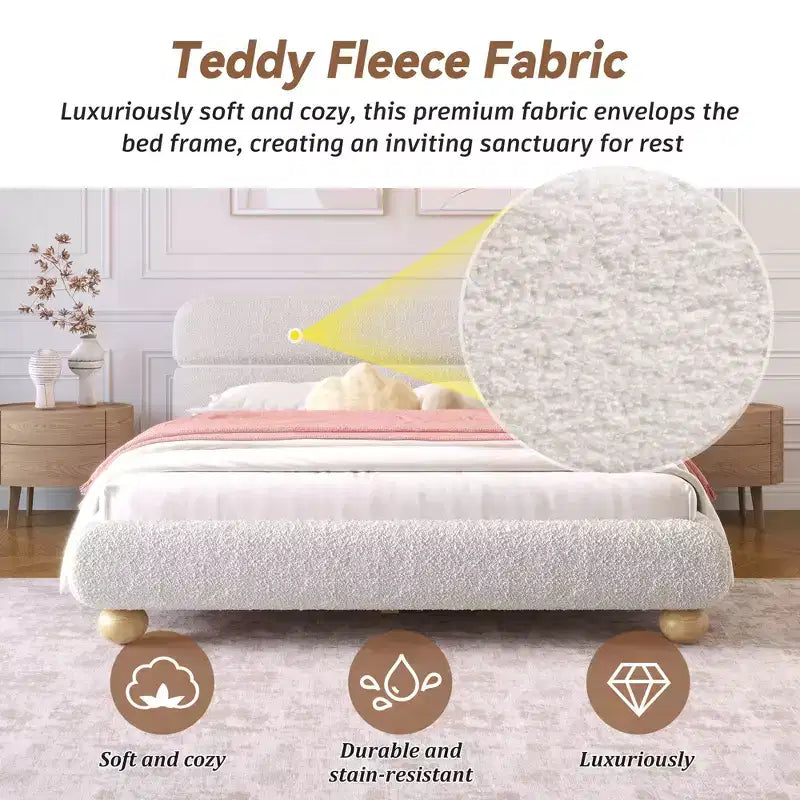 Lit Queen contemporain rembourré GDFStudio Philemon avec profil bas, tissu polaire Teddy et pieds en bois