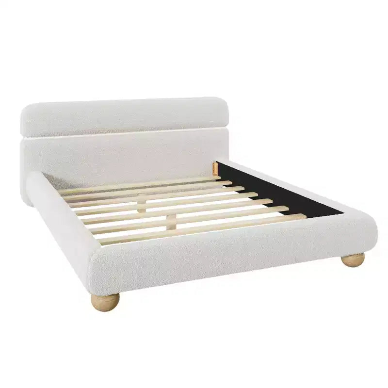 Lit Queen contemporain rembourré GDFStudio Philemon avec profil bas, tissu polaire Teddy et pieds en bois