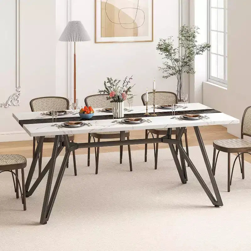 Zevemomo70.9Dining Table for 6-8 People,Farmhouse Dining Room Table,with Spacious Tabletop&Triangular-Shaped Steel Base for Kitchen,Dining Room-White