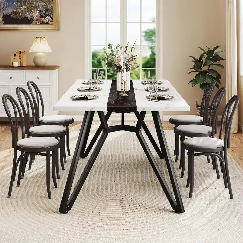 Zevemomo70.9Table de salle à manger pour 6 à 8 personnes, Table de salle à manger de style ferme, avec plateau spacieux et base triangulaire en acier pour cuisine, salle à manger - Blanc