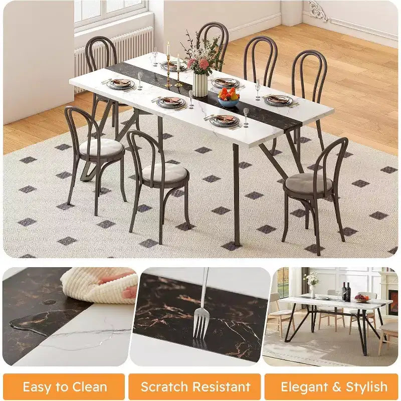 Zevemomo70.9Table de salle à manger pour 6 à 8 personnes, Table de salle à manger de style ferme, avec plateau spacieux et base triangulaire en acier pour cuisine, salle à manger - Blanc