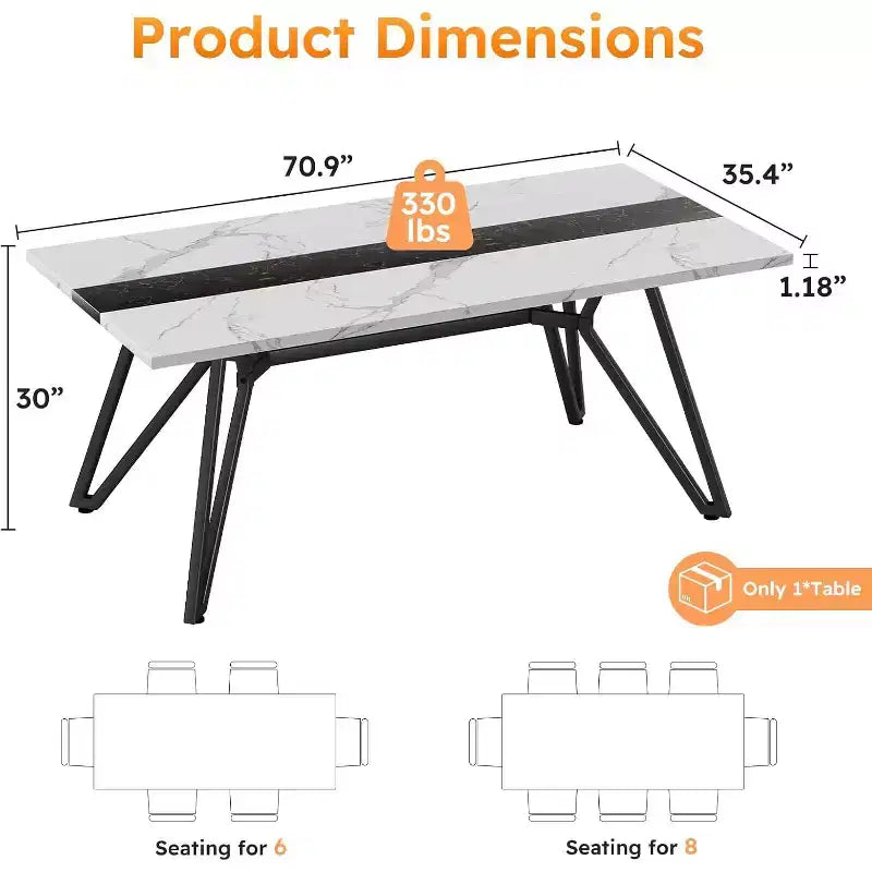 Zevemomo70.9Table de salle à manger pour 6 à 8 personnes, Table de salle à manger de style ferme, avec plateau spacieux et base triangulaire en acier pour cuisine, salle à manger - Blanc
