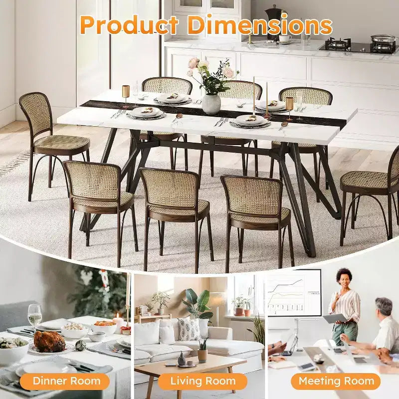 Zevemomo70.9Table de salle à manger pour 6 à 8 personnes, Table de salle à manger de style ferme, avec plateau spacieux et base triangulaire en acier pour cuisine, salle à manger - Blanc