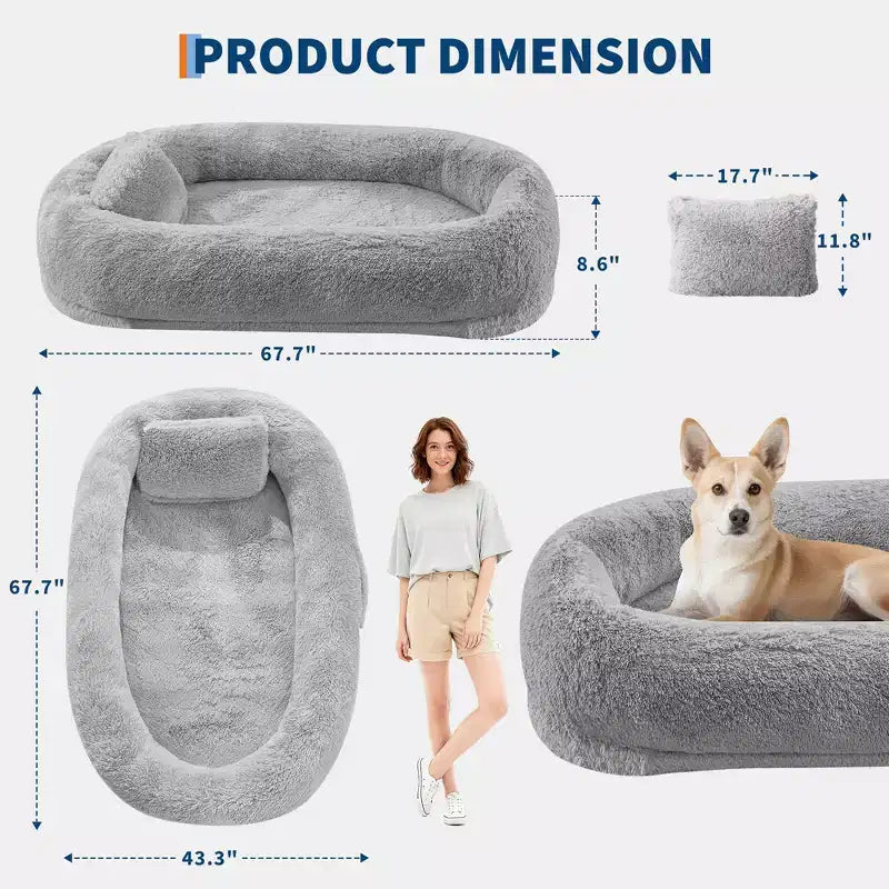 65x41x12 Lit pour chien pour humain et animaux de compagnie, en fausse fourrure, amovible, avec poignée portable, poche latérale, mousse orthopédique en œuf, grands lits pour chiens