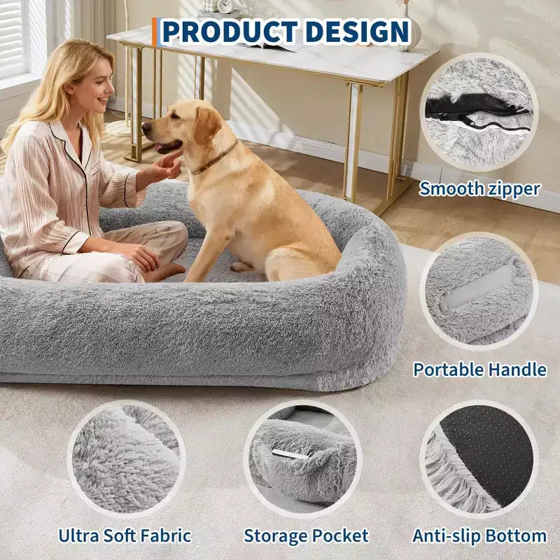 65x41x12 Lit pour chien pour humain et animaux de compagnie, en fausse fourrure, amovible, avec poignée portable, poche latérale, mousse orthopédique en œuf, grands lits pour chiens